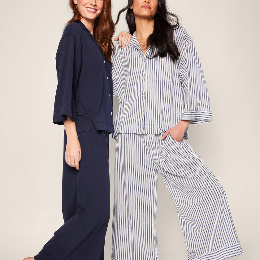 The Olivia Wide Leg Pima Pajama Set in Navy