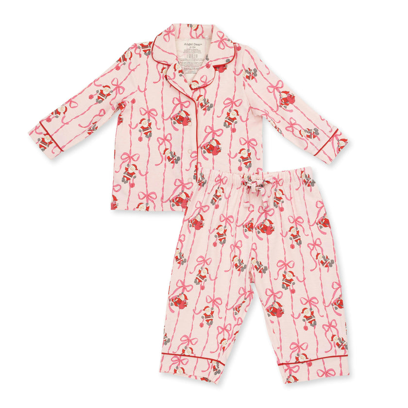 Bows & Santa - Knit Flame Resistant Kids Long Sleeve Coat Style with Pant