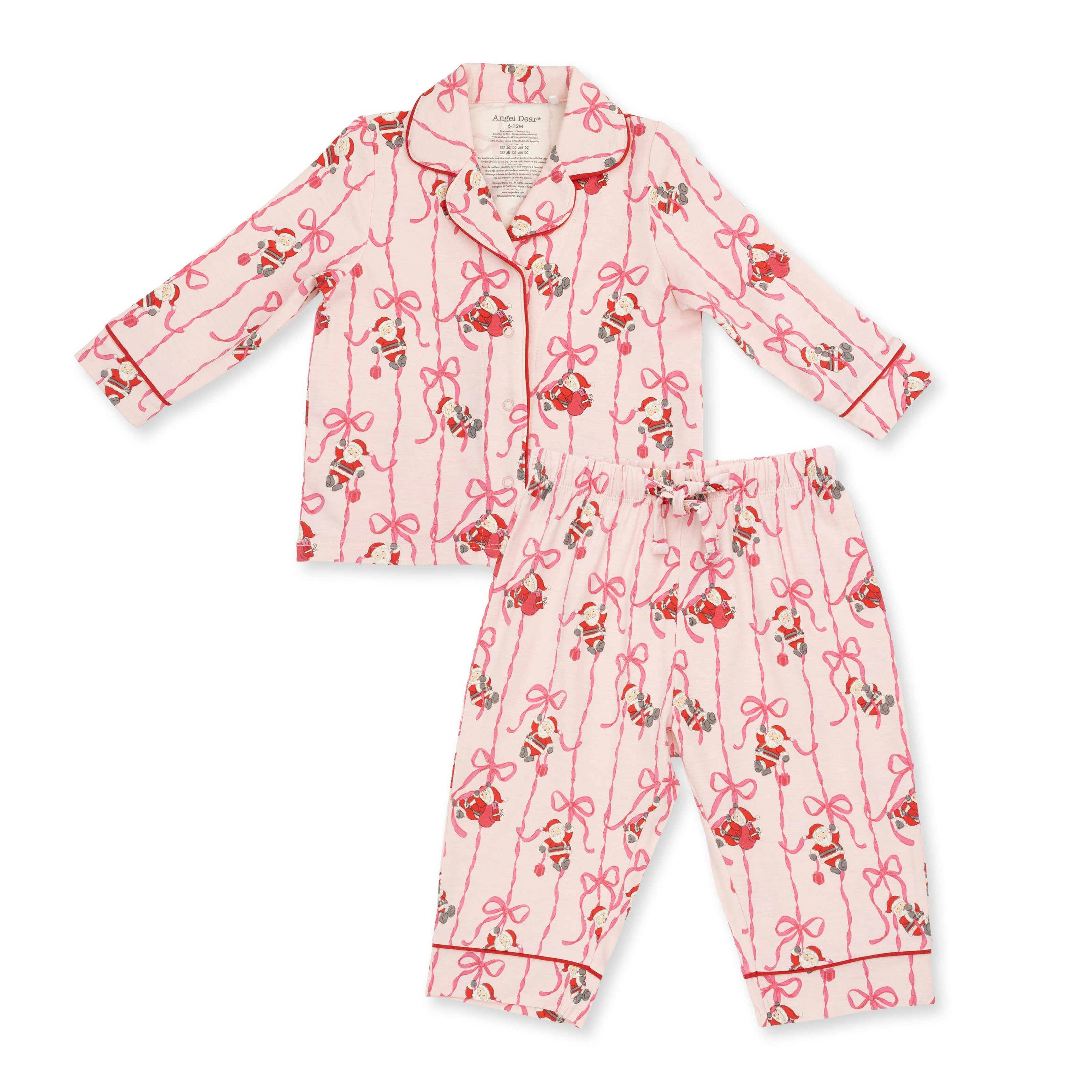 Bows & Santa - Knit Flame Resistant Kids Long Sleeve Coat Style with Pant