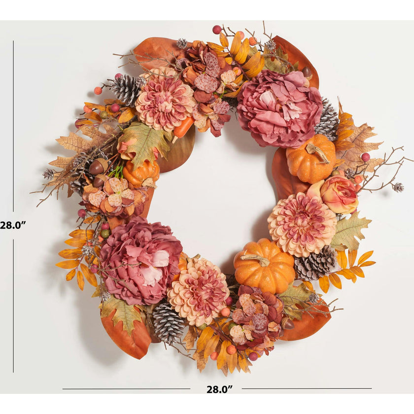 Faux 28 Inch Peony & Pumpkin Wreath with Pine Cones