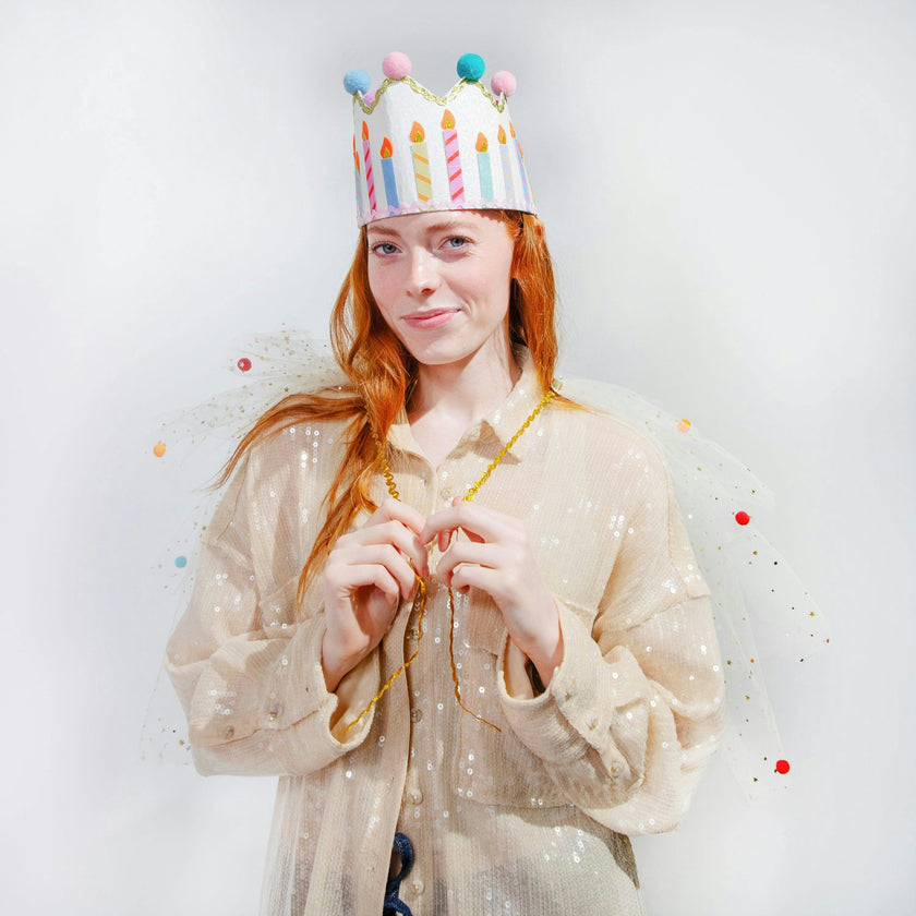 Tulle Celebrations Cape with Multicolor Pom Poms and Gold Glitter Stars