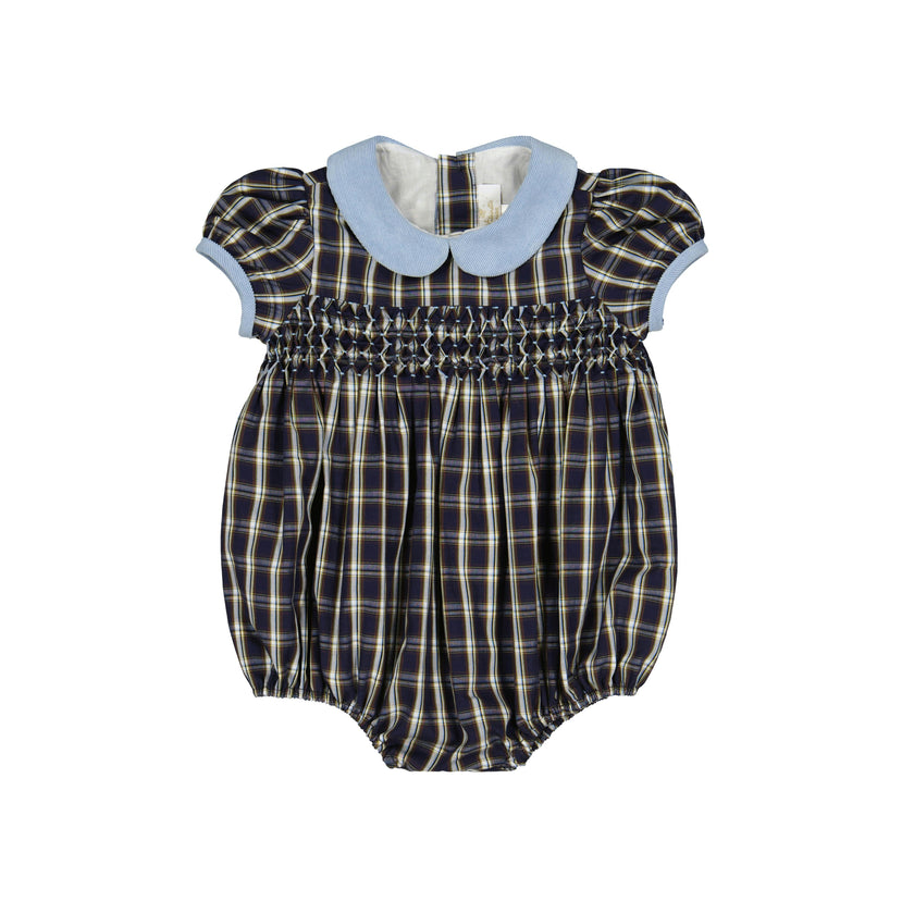 Angelica Navy Tartan Short Sleeve Smocked Bubble