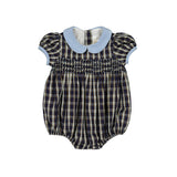 Angelica Navy Tartan Short Sleeve Smocked Bubble