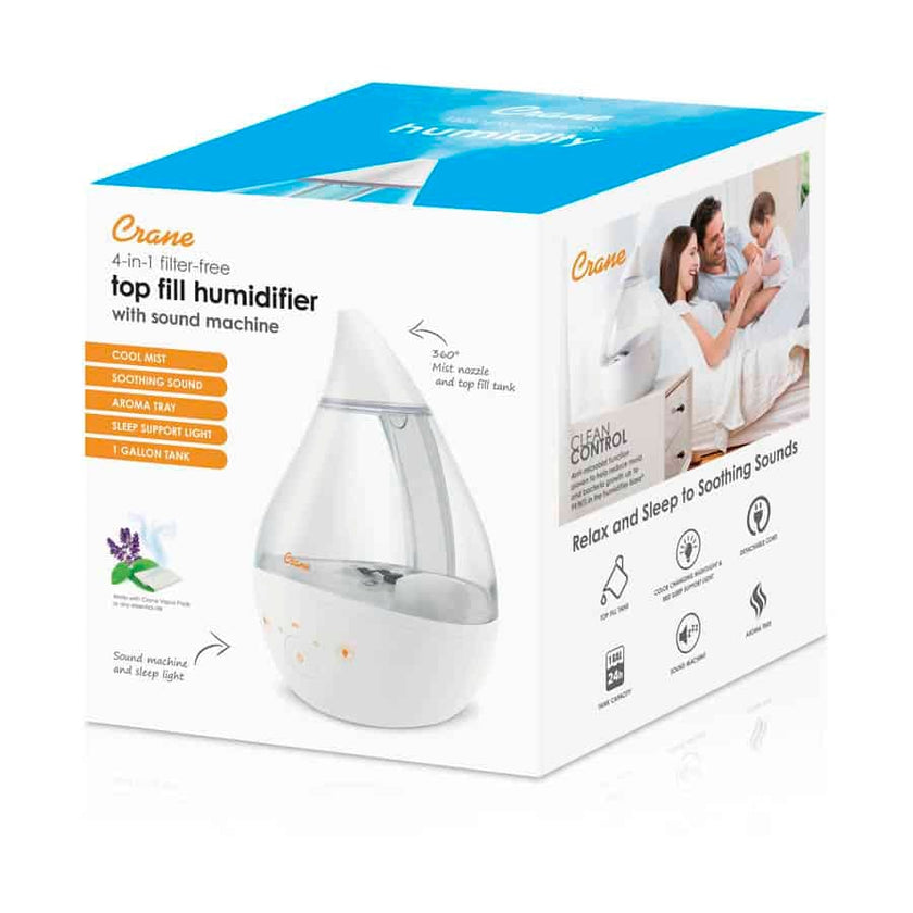 Crane 4-in-1 Top Fill Humidifier, 1 Gallon with Sound Machine, Night Light