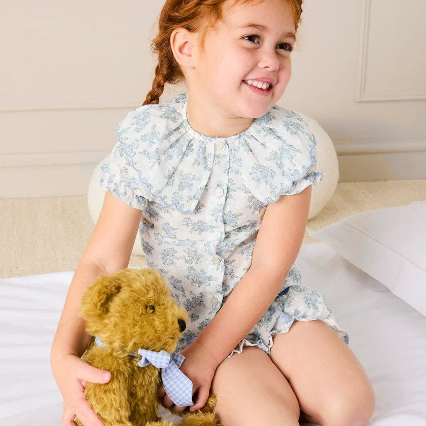 Esme Floral Swiss Voile Scallop Collar Pyjamas in Blue (18mths- 10yrs)