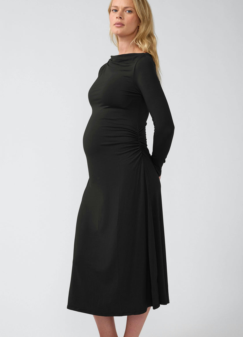 Ruched Long Sleeve Mock Neck Maternity Midi Dress