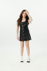 Zoe Black Dress With Pearl Heart Buttons Vegan Leather Cap Sleeve