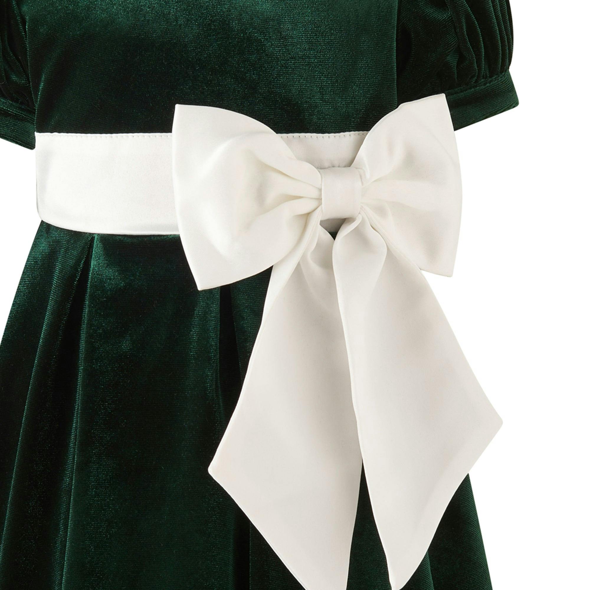Green Velvet Contrast Bow Dress