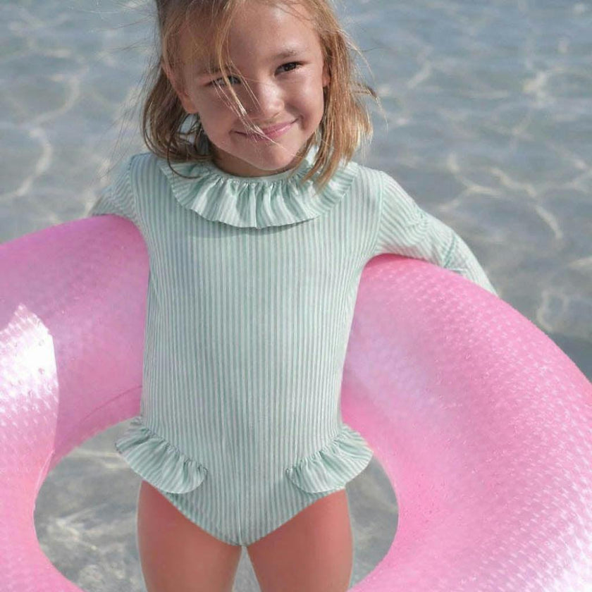 Girls' long-sleeved swimsuit with green stripes | CANDY BABY