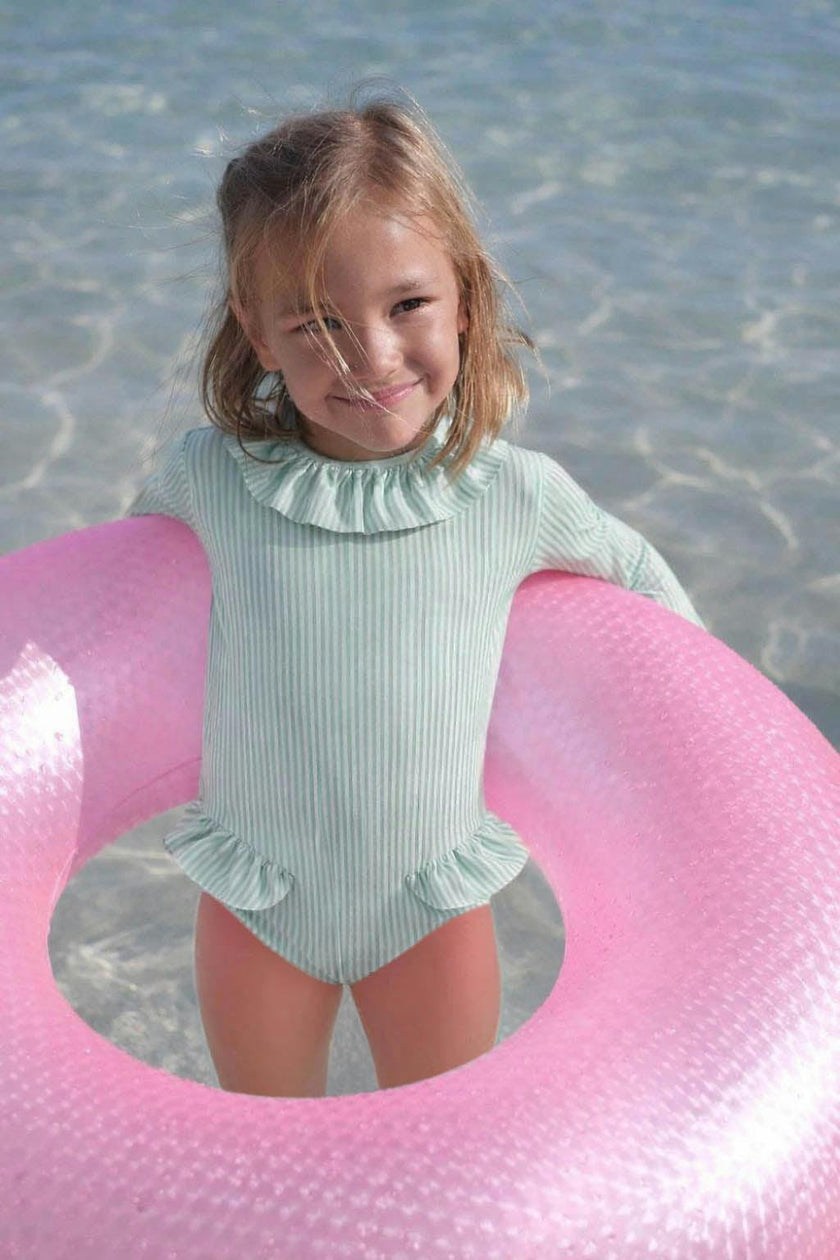 Girls' long-sleeved swimsuit with green stripes | CANDY BABY