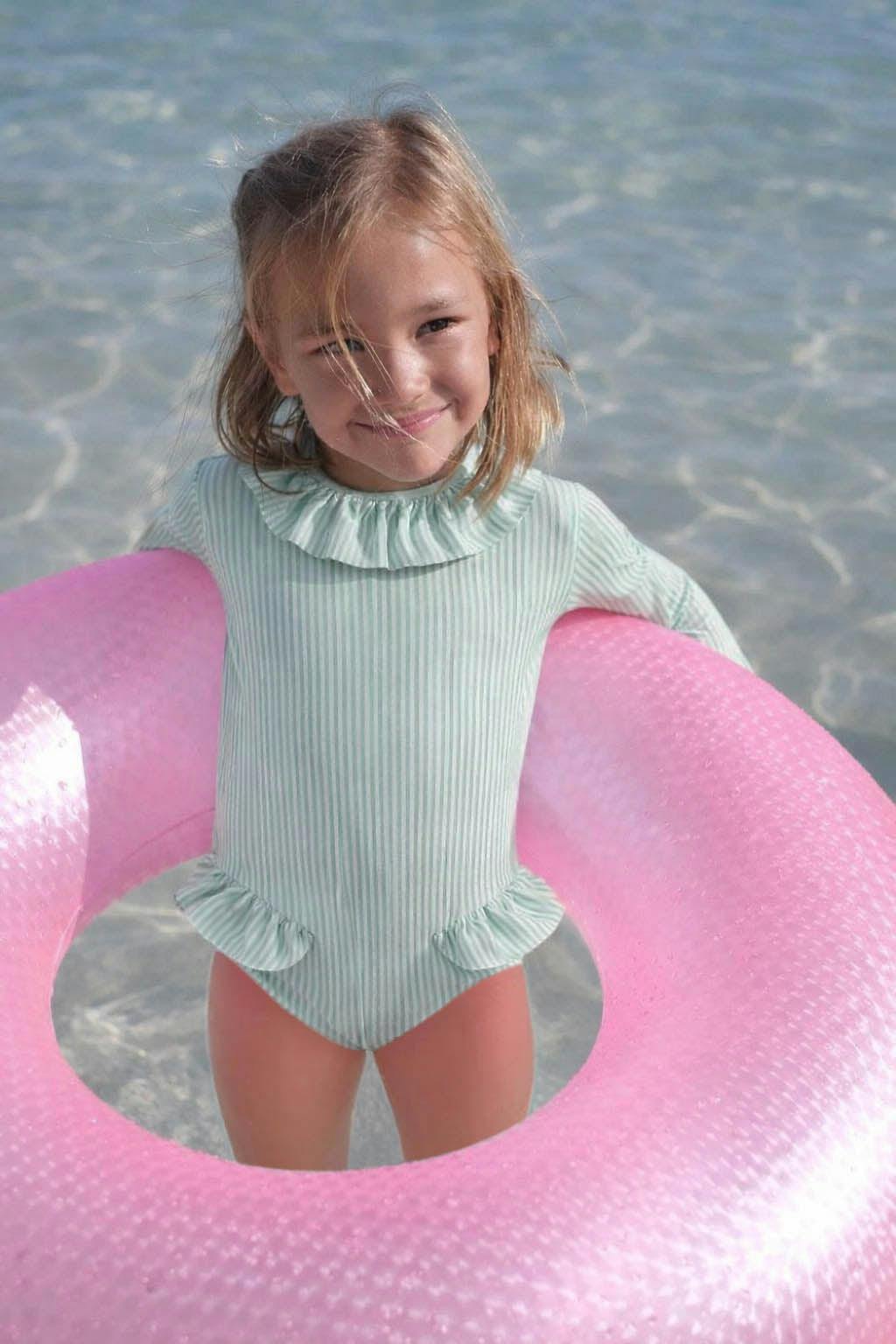 Girls' long-sleeved swimsuit with green stripes | CANDY BABY