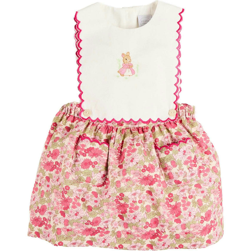 Margret Floral Bunny Embroidered Scallop Detail Pinafore Skirt in Pink (18mths-6yrs)