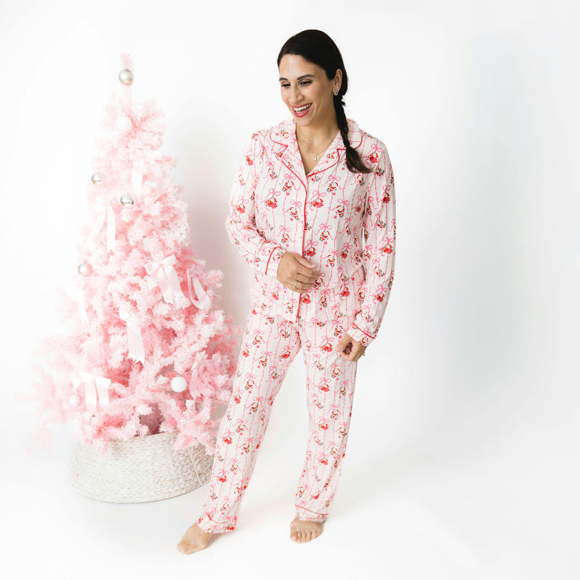 Bows & Santa - Bamboo Adult Long Sleeve Coat Style and Pant with Pockets
