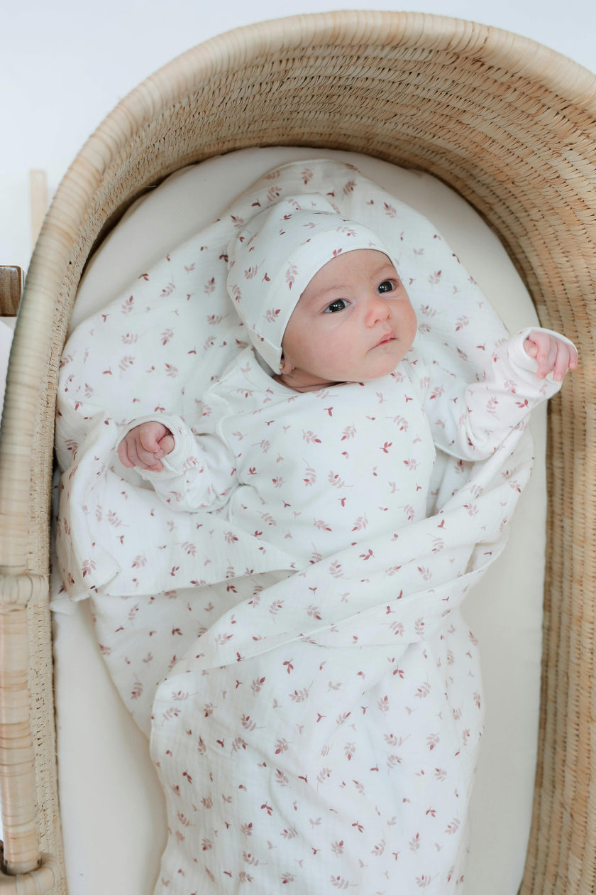 Branch Print Ribbed Snap Front Romper and Hat Two Piece Set