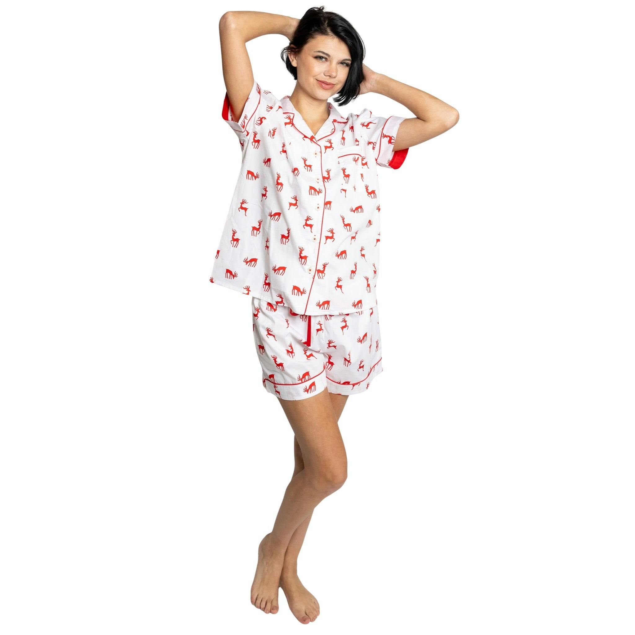 Women's Reindeer Red Short PJ Set - Organic Cotton Poplin