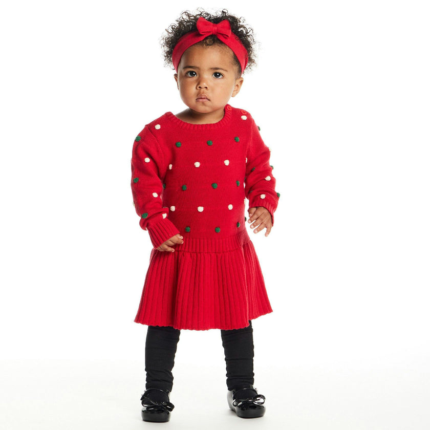 Infant Bubble Sweater Rib Knit Twofer Dress & Headband