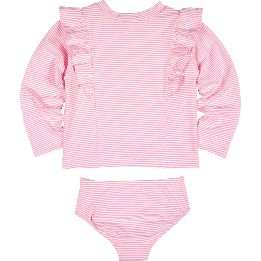 Stripe Seersucker Rashguard Swimsuit With Flower