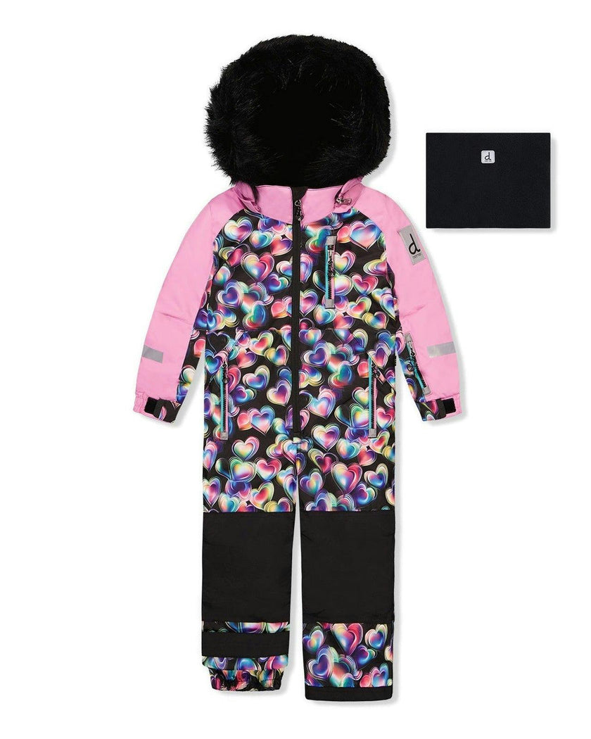 Kids One Piece Play Snowsuit Black Heart Print