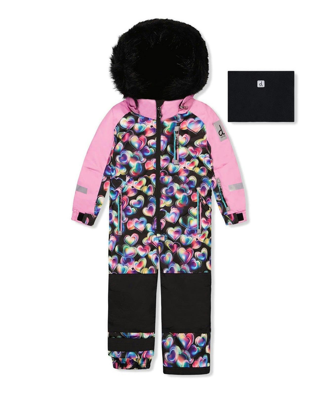 Kids One Piece Play Snowsuit Black Heart Print