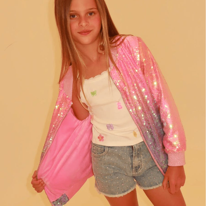 Bubble Gum Shimmer Sequin Bomber