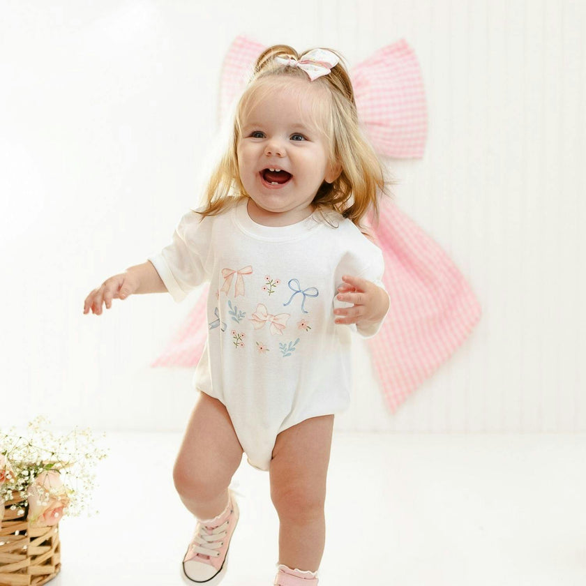 Floral & Bow Watercolor Short Sleeve Romper - White