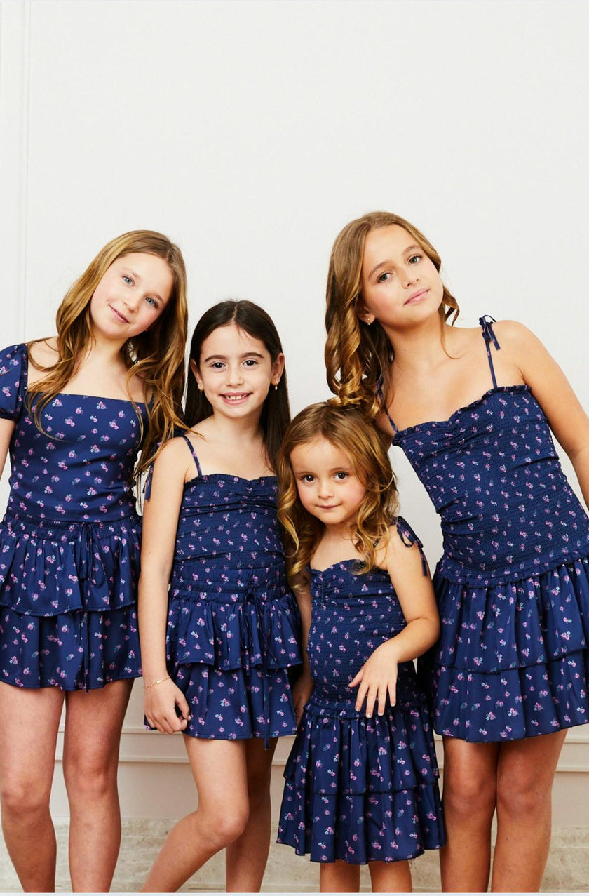 Lola Satin Smocked Ruffle Dress - Navy Rose
