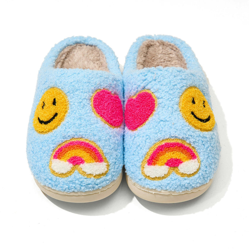 Tweens Plush Slippers in Sky Blue with Emojis