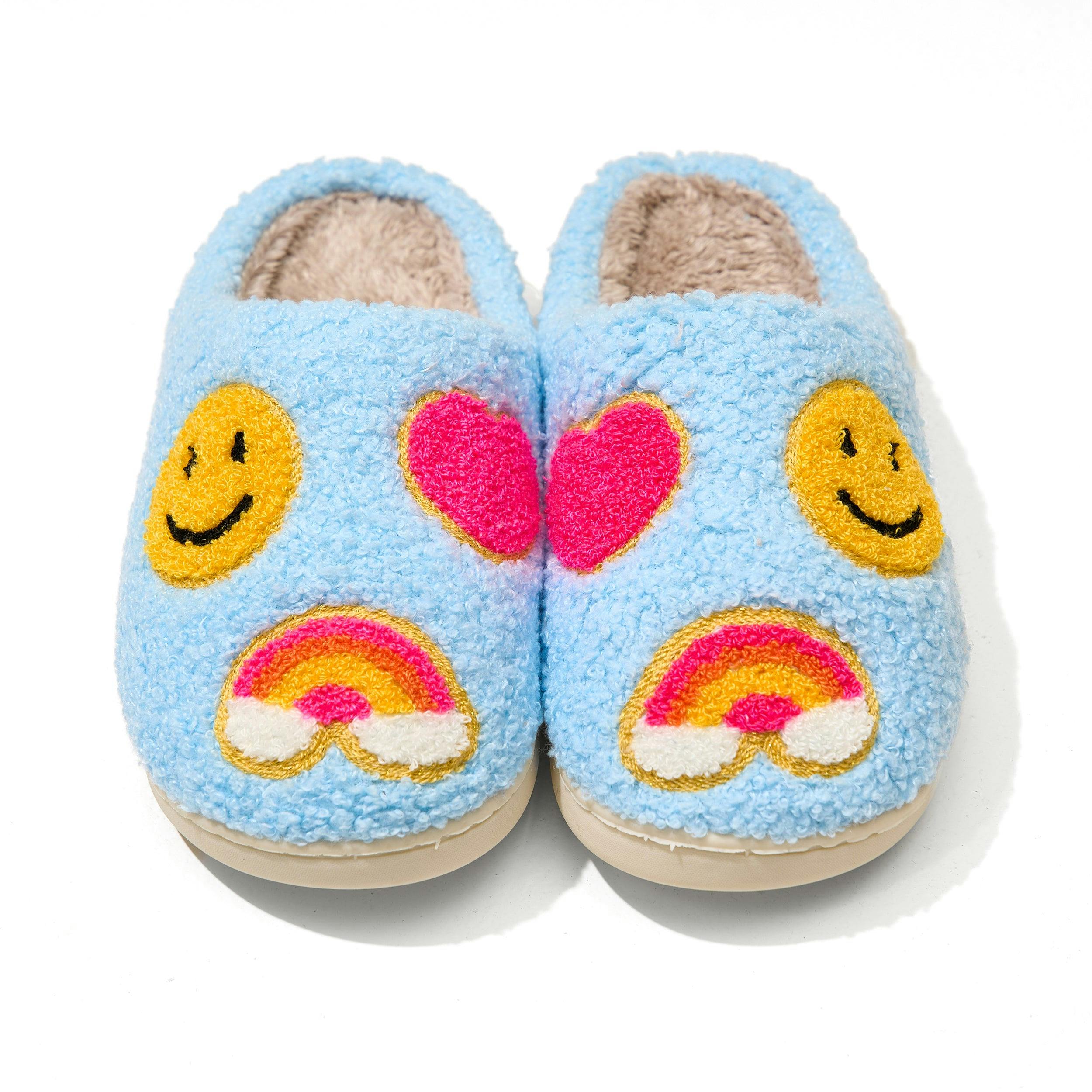Tweens Plush Slippers in Sky Blue with Emojis