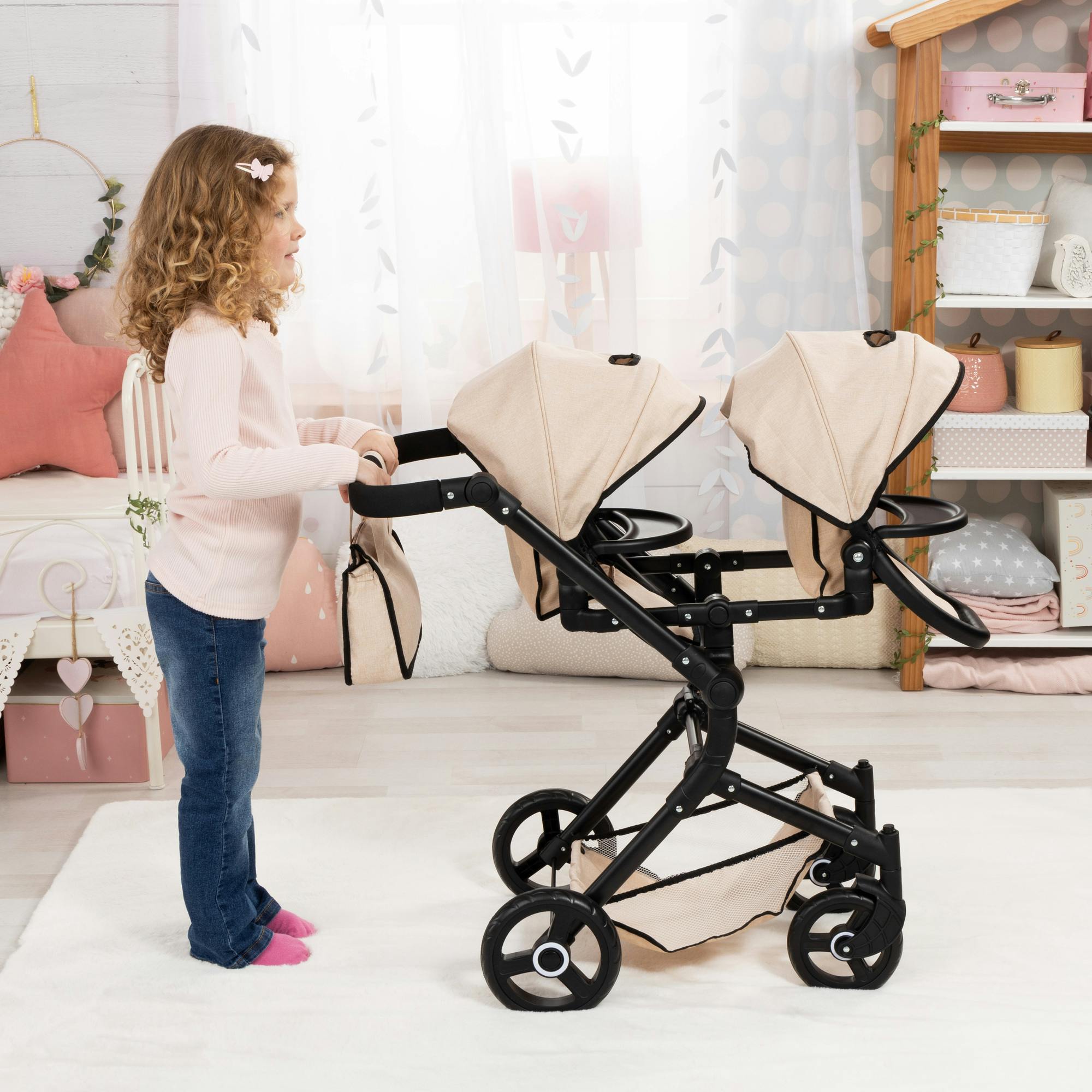 Bayer Design Dolls: Pram Twin Neo - Beige & Black