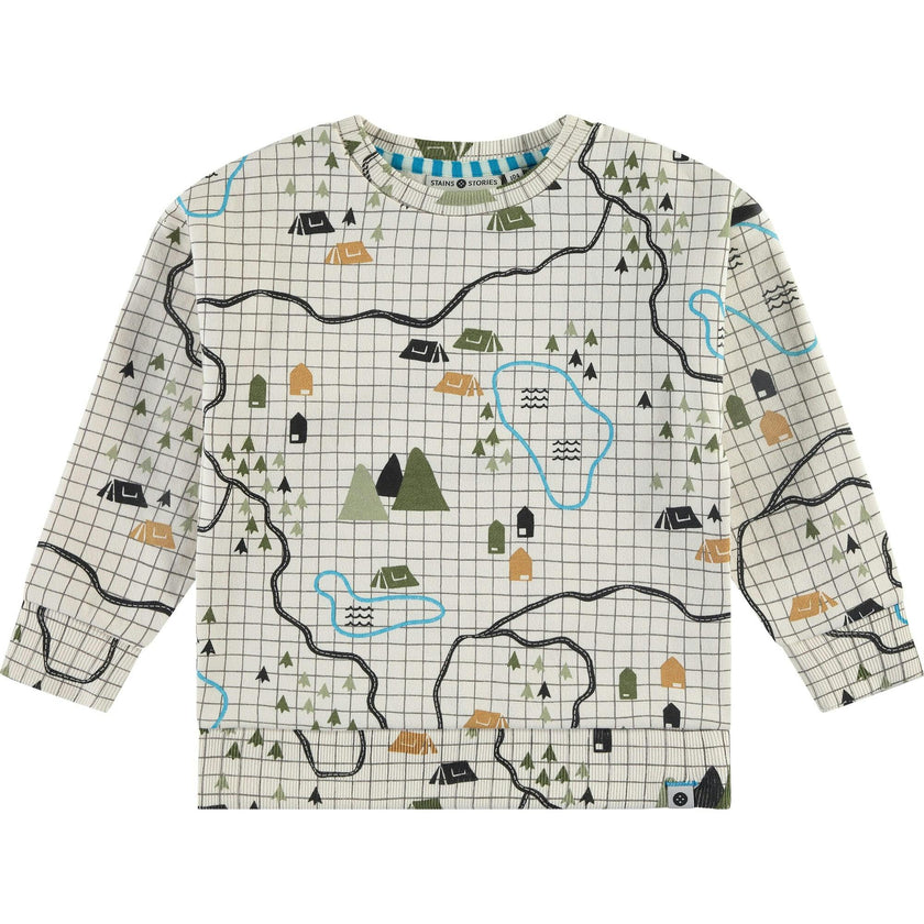 Campsite Map Print Crew Neck Pullover Sweatshirt