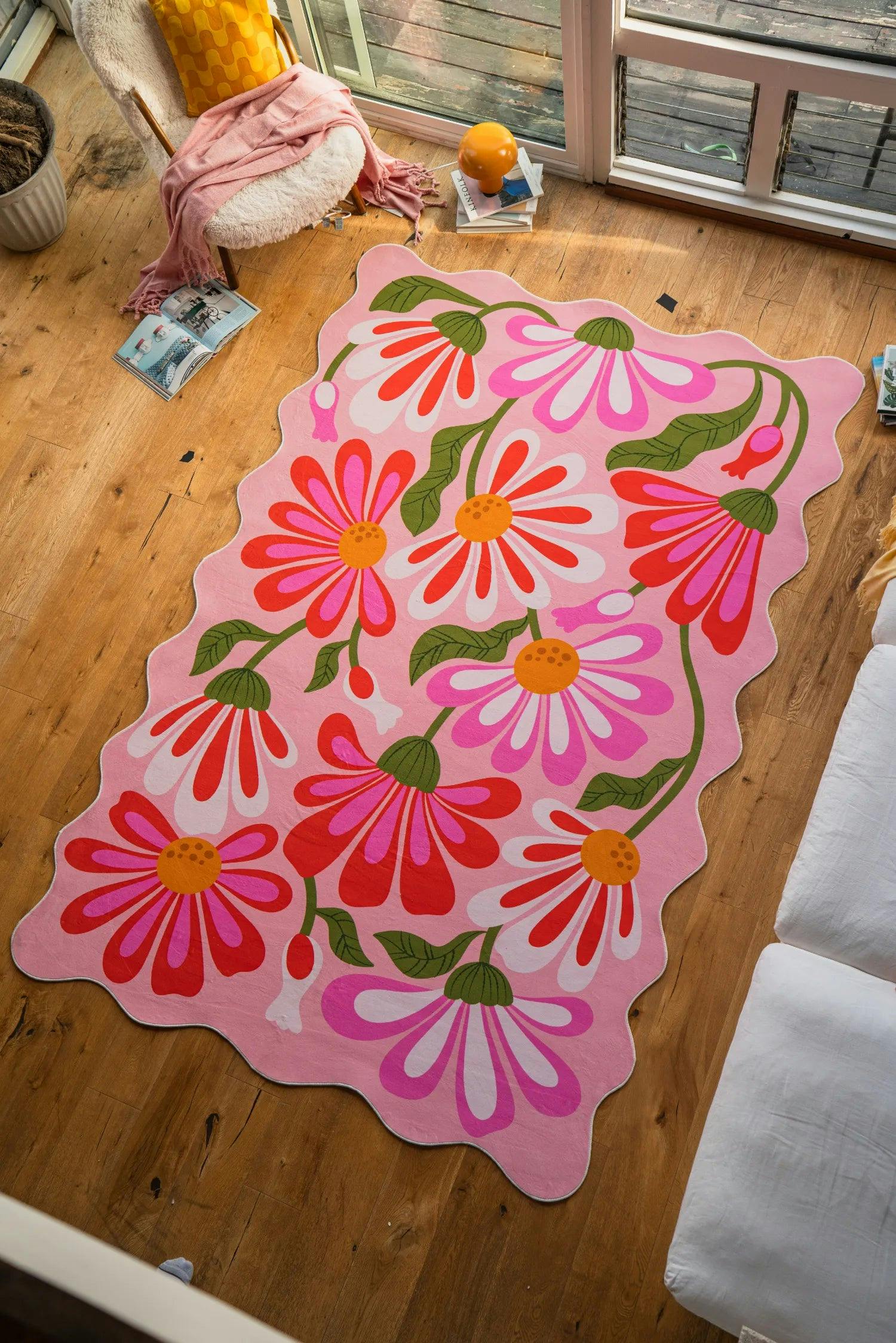 Pink Base Pink Floral Wavy Rug by Jessica Miller