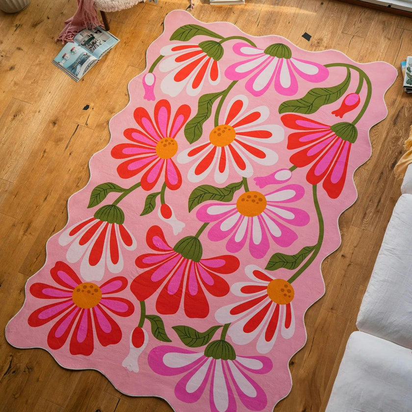 Pink Base Pink Floral Wavy Rug by Jessica Miller