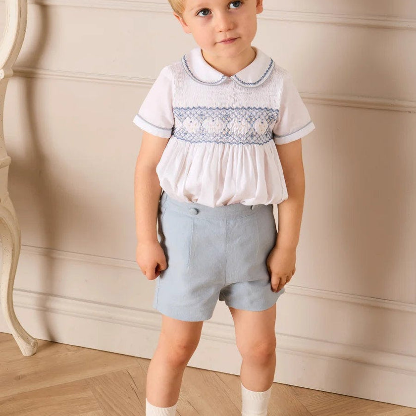Hand Smocked Peter Pan Collar Short Sleeve Two Piece Set in Sky Blue (12mths-6yrs)