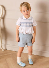 Hand Smocked Peter Pan Collar Short Sleeve Two Piece Set in Sky Blue (12mths-6yrs)