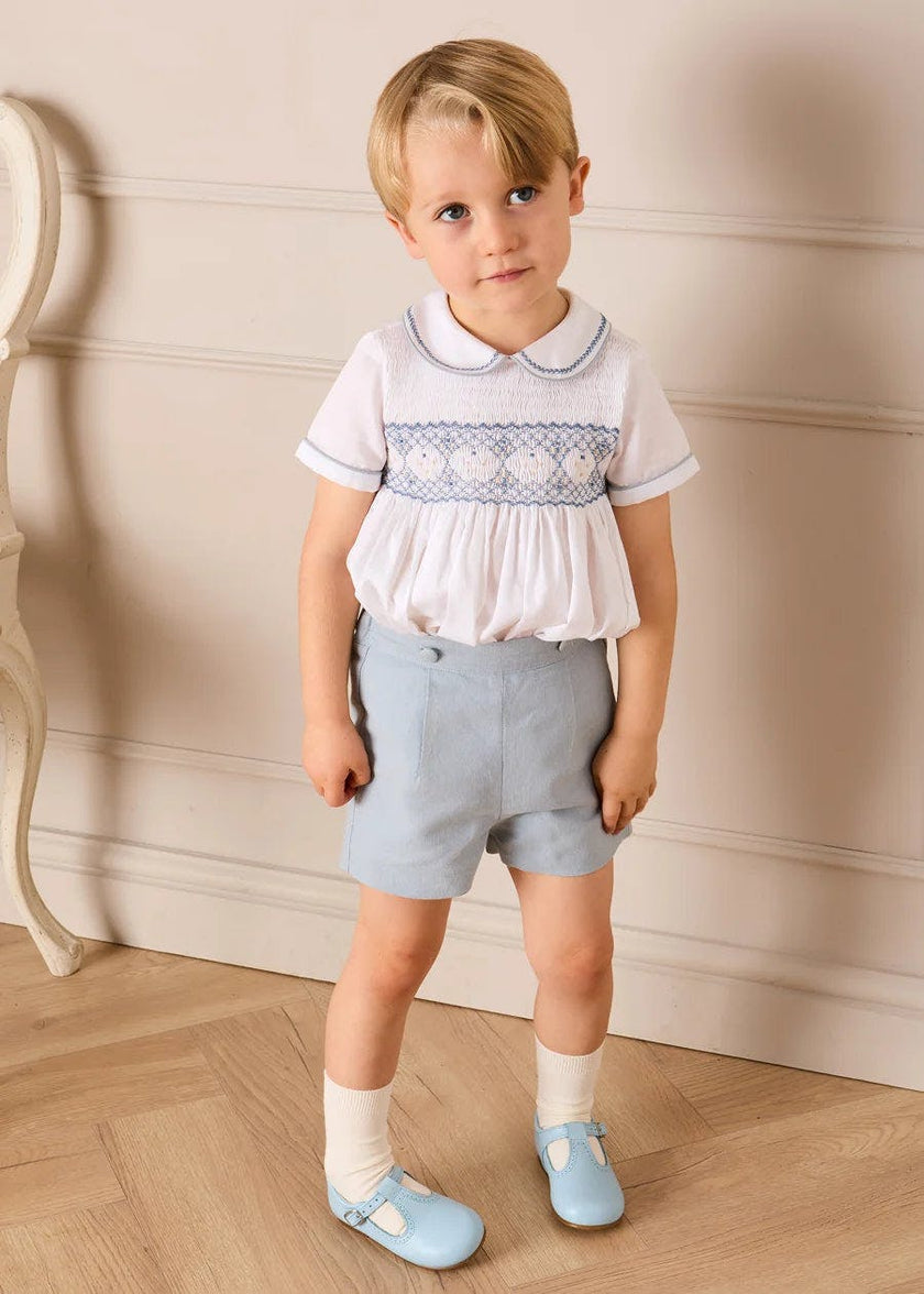 Hand Smocked Peter Pan Collar Short Sleeve Two Piece Set in Sky Blue (12mths-6yrs)
