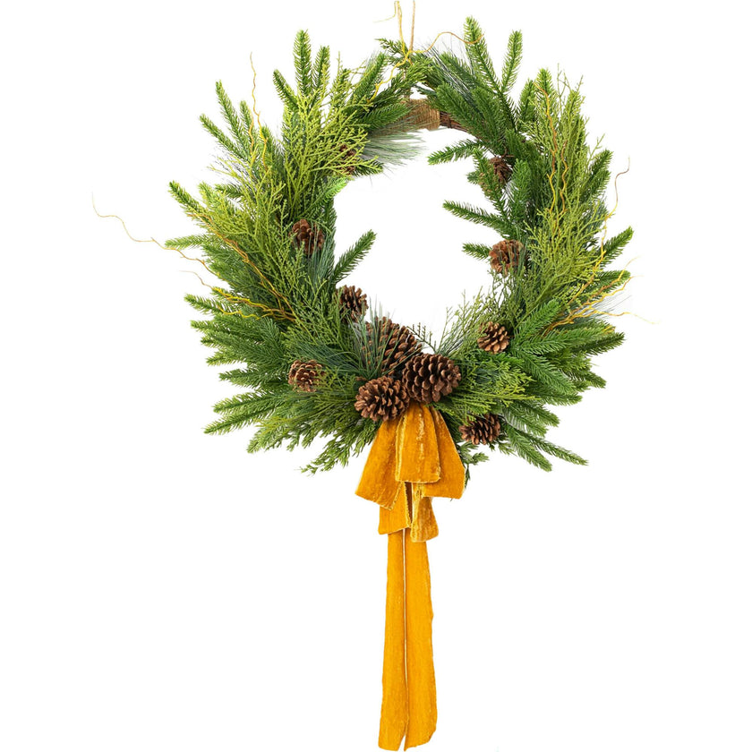 Evergreen Forest Mixed Greens & Pine Cone Holiday Winter Front Door Crest Christmas Wreath with Gold Velvet Bow