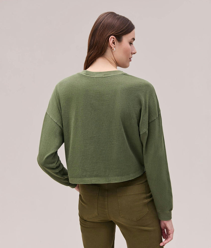 Womens Relaxed Crop Long Sleeve Tee - Pigment Dye Jersey - Cypress