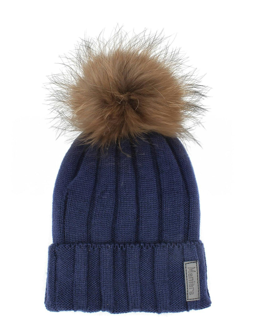 Ribbed Merino Wool Hat With Faux Fur Pom