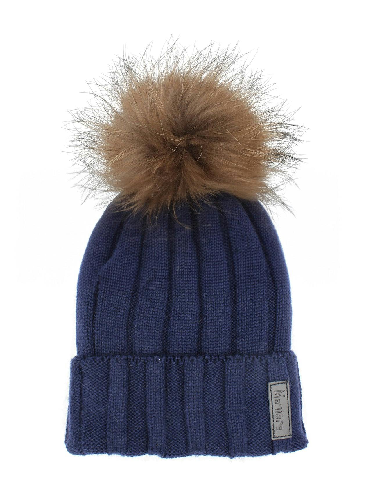Ribbed Merino Wool Hat With Faux Fur Pom