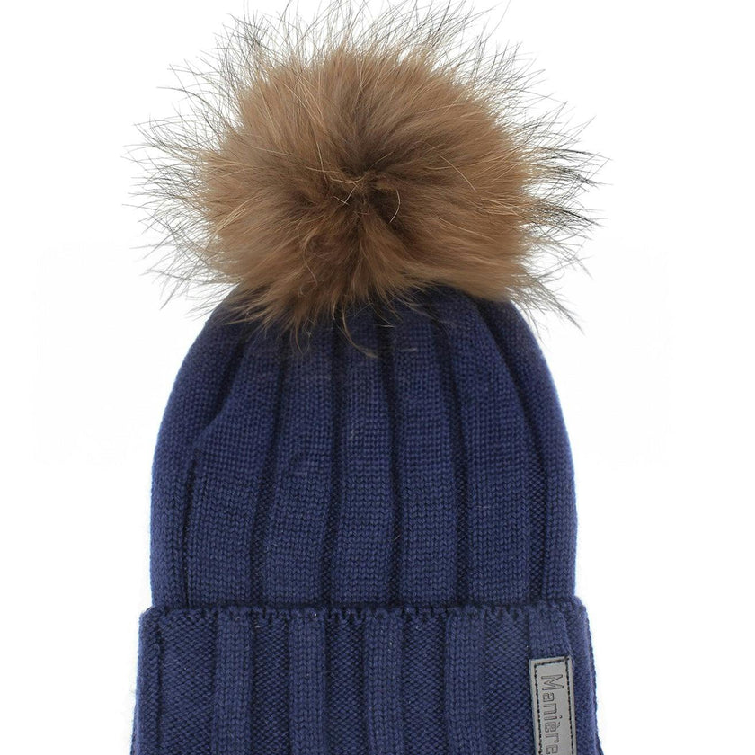 Ribbed Merino Wool Hat With Faux Fur Pom