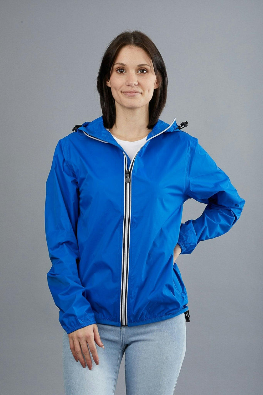 Women's royal blue full zip packable rain jacket and windbreaker