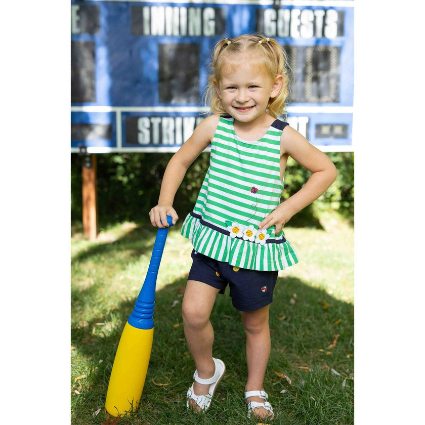Knit Short Set With Softballs, Flowers, Ladybug