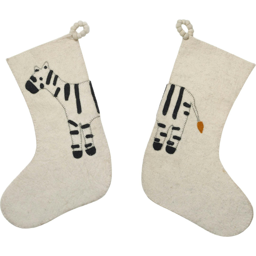 Zebra Double Sided Cream Hand Felted Wool Kids Christmas Stocking Cream