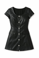 Zoe Black Dress With Pearl Heart Buttons Vegan Leather Cap Sleeve