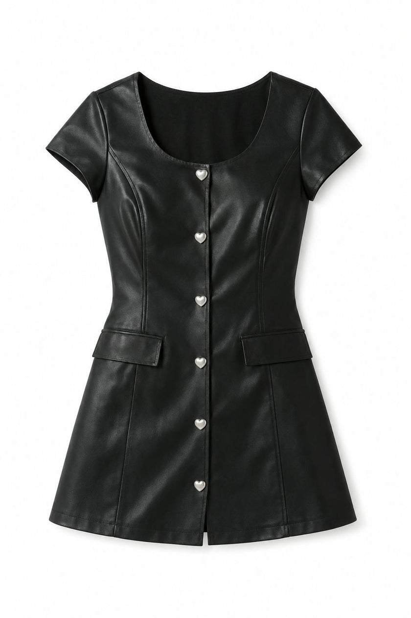 Zoe Black Dress With Pearl Heart Buttons Vegan Leather Cap Sleeve