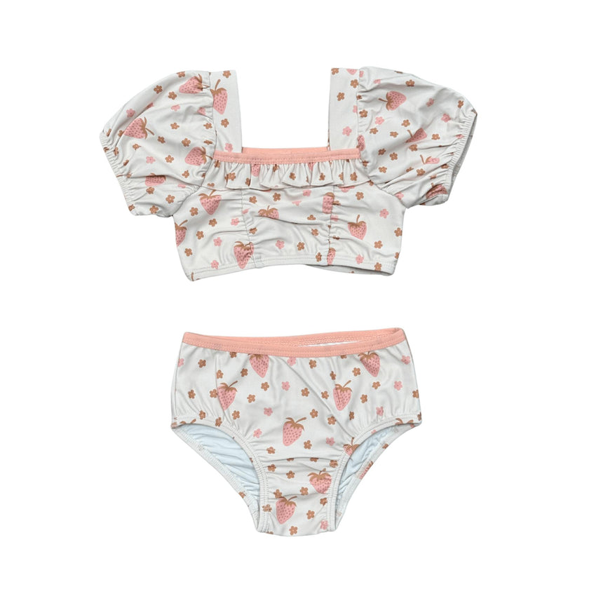 Girls Puff Sleeve Two-Piece Swimsuit in Strawberries