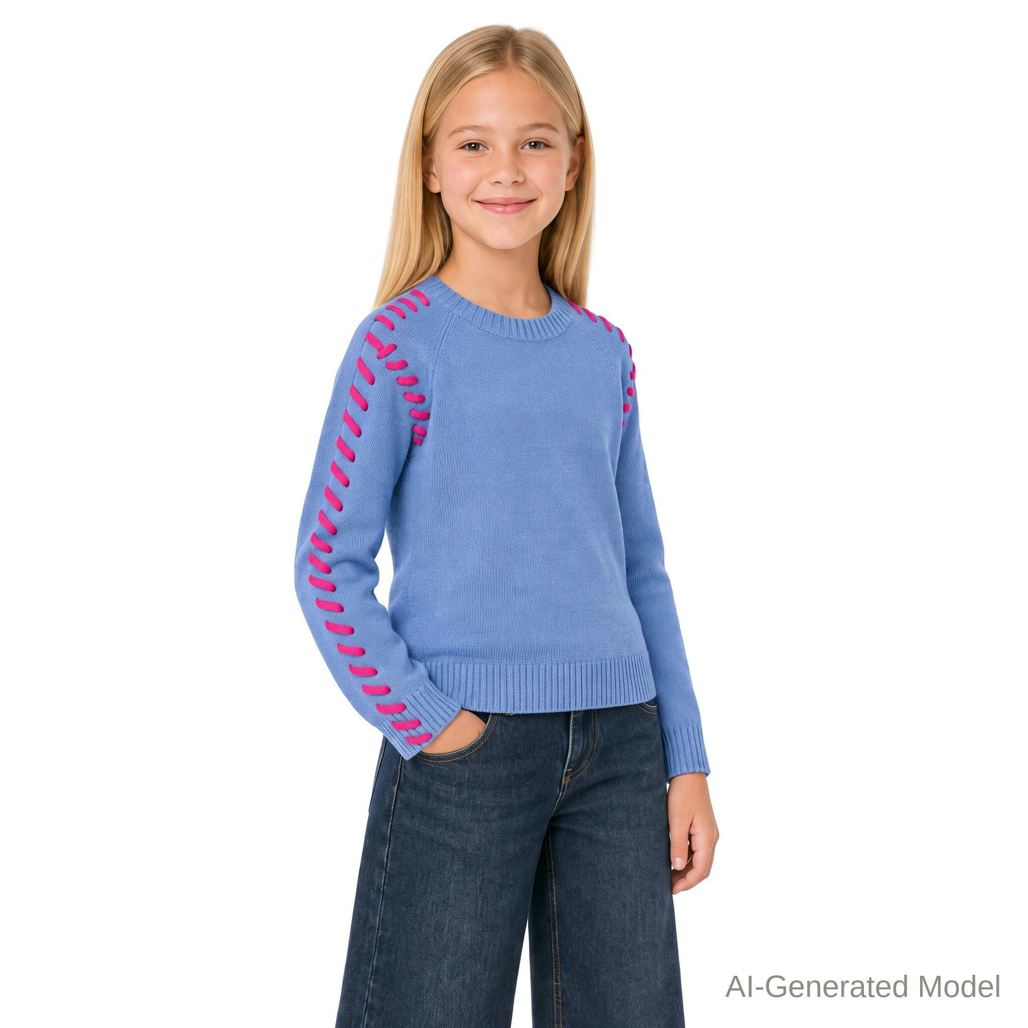 Tween (7-18) Girls Sweater | Pink Blanket Stitch
