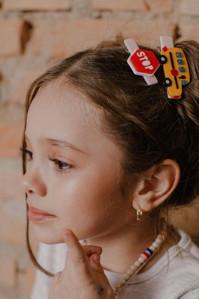Bus Yellow & Red Stop Sign Hair Clips -BTS