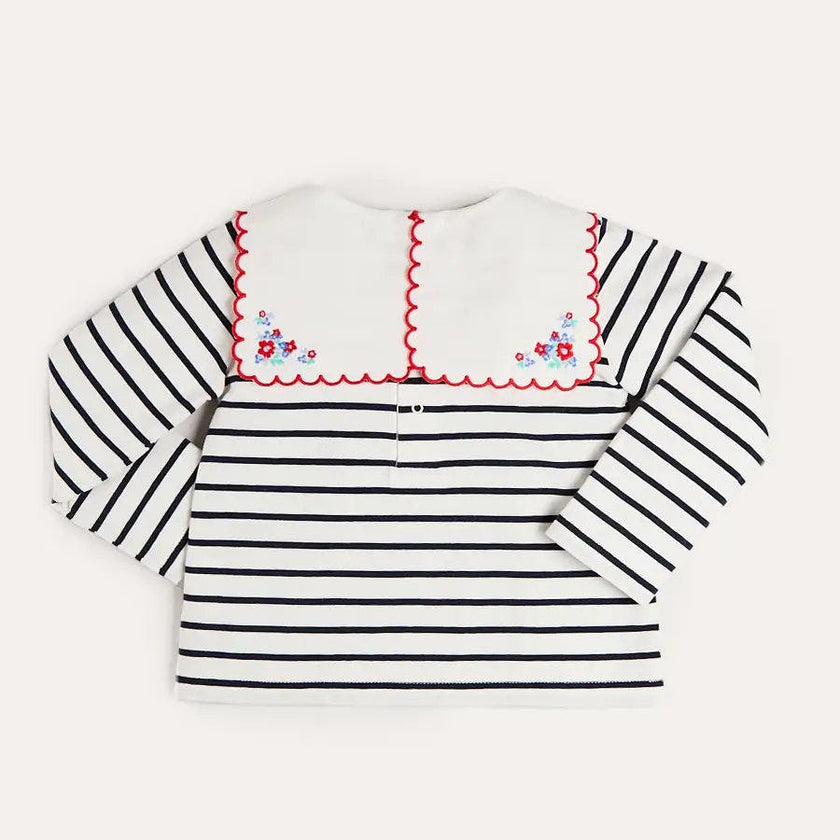 Sailor Stripe Floral Embroidered Mariner Collar Top in White (2-12yrs)