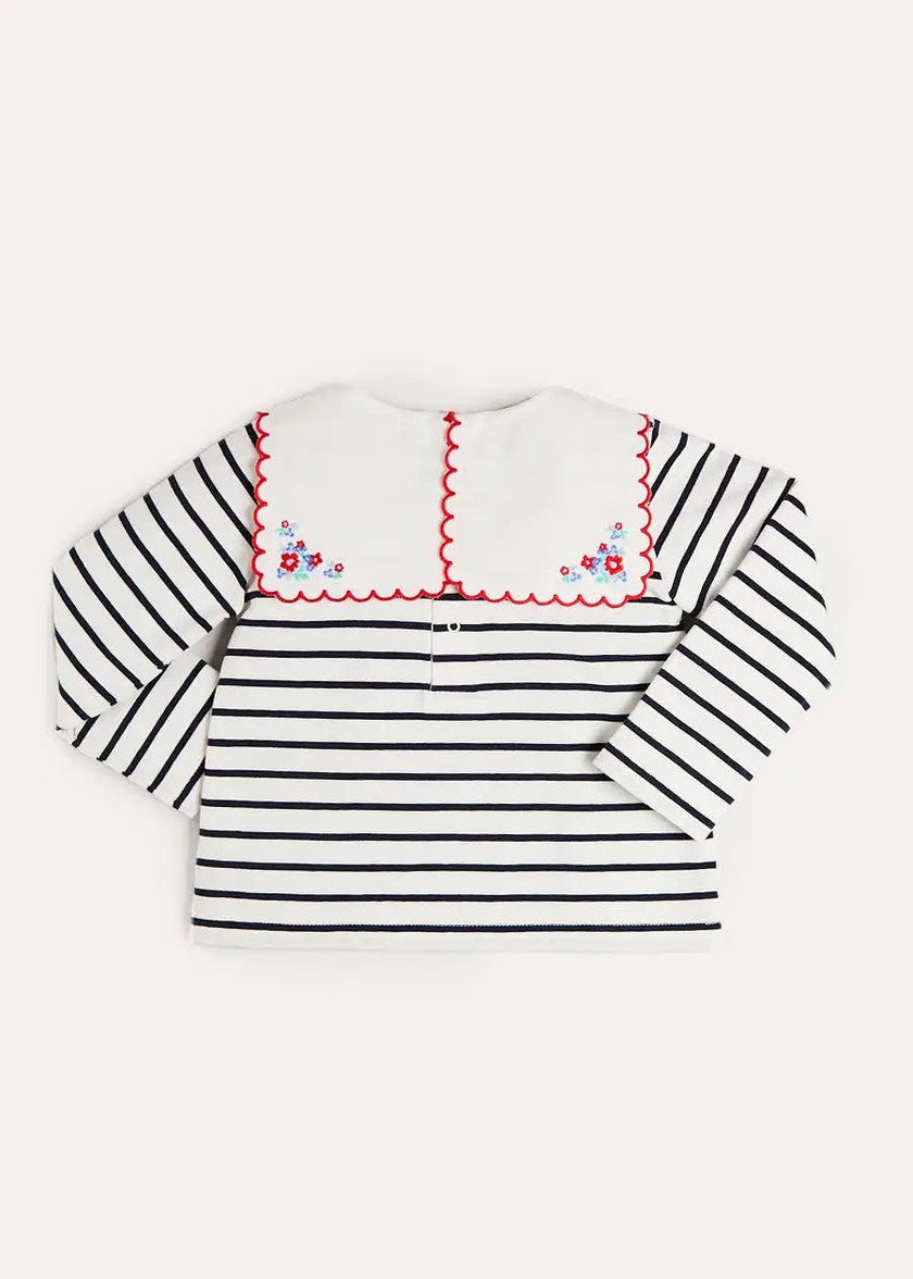 Sailor Stripe Floral Embroidered Mariner Collar Top in White (2-12yrs)